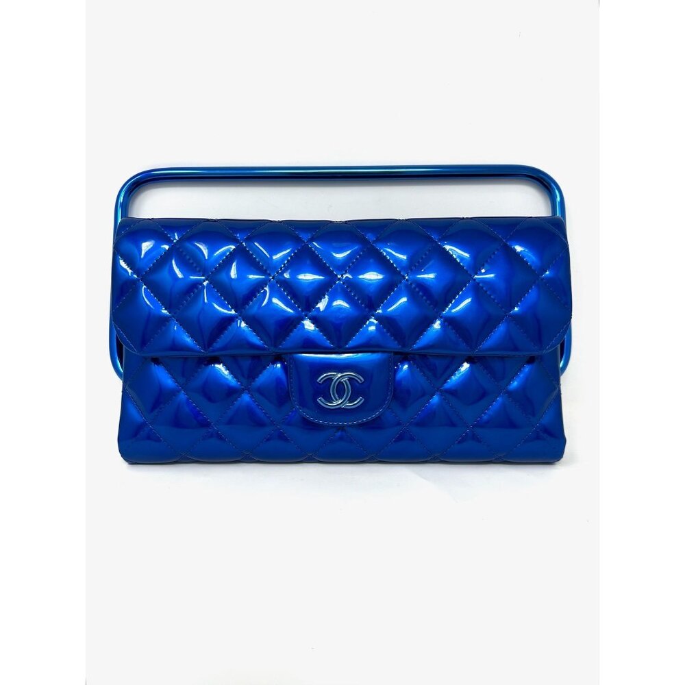 CHANEL 2014 Runway Electric Blue Patent Leather Quilted Bag Metal Handle Rectang